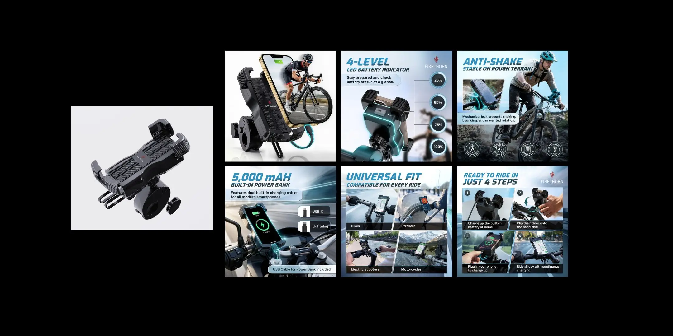 Bike Phone Mount with Power Bank — before and after Amazon listing images