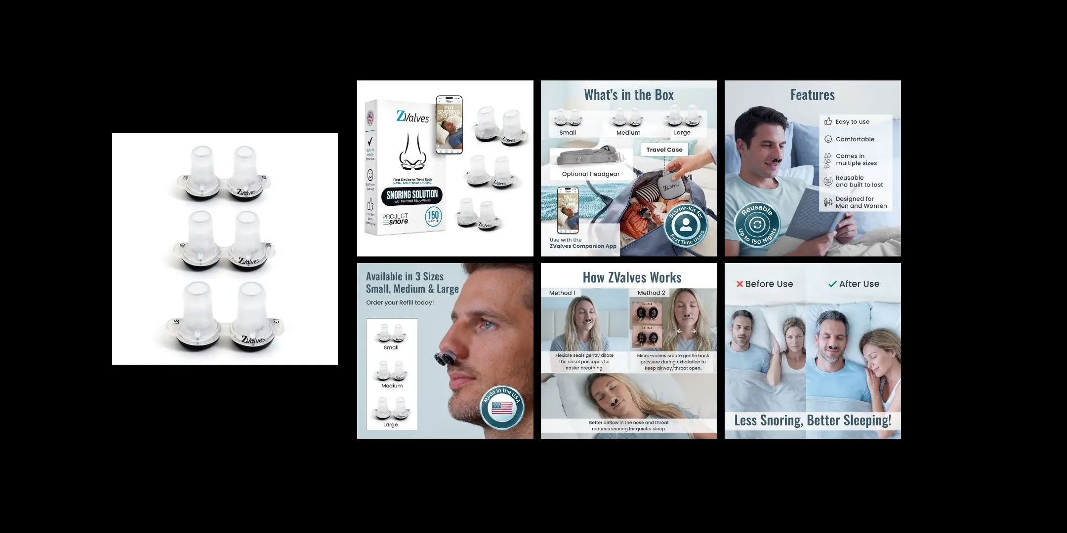ZValves Anti-Snoring Solution — before and after Amazon listing images